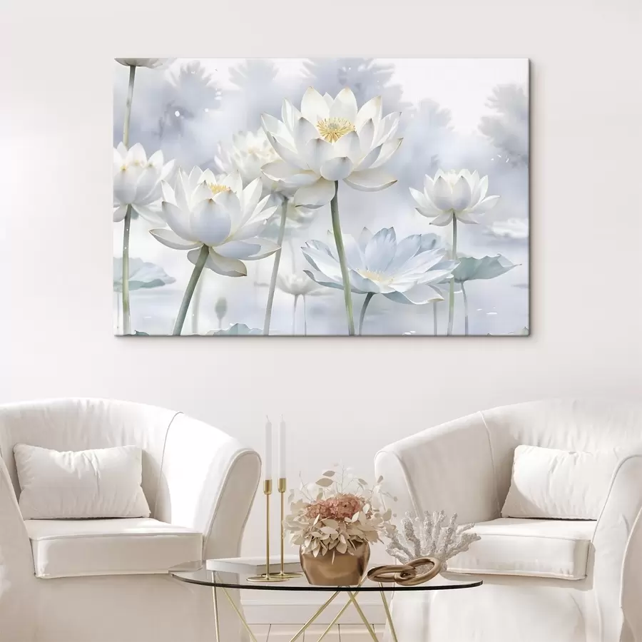 wall murals White pastel-colored lotus flowers in a misty abstract watercolored background s41100