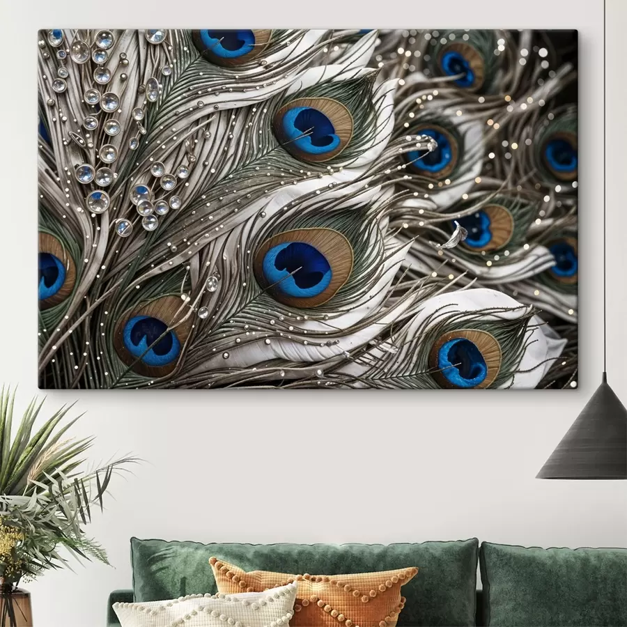 murales Vibrantes plumas de pavo real con intrincados dibujos y llamativos motivos azules s41103