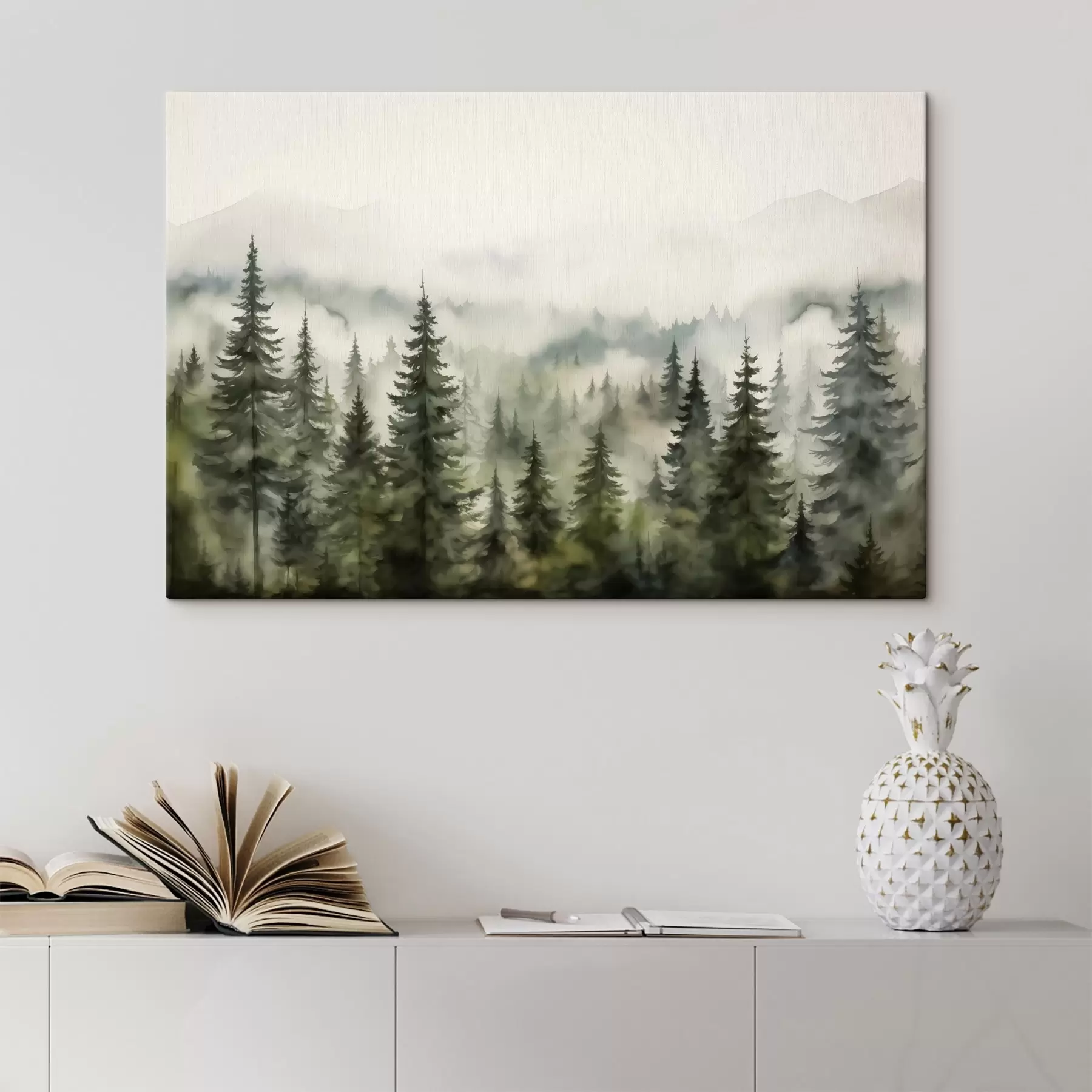 wall murals Green forest on the background of mountains mountains and fog watercolor s41241