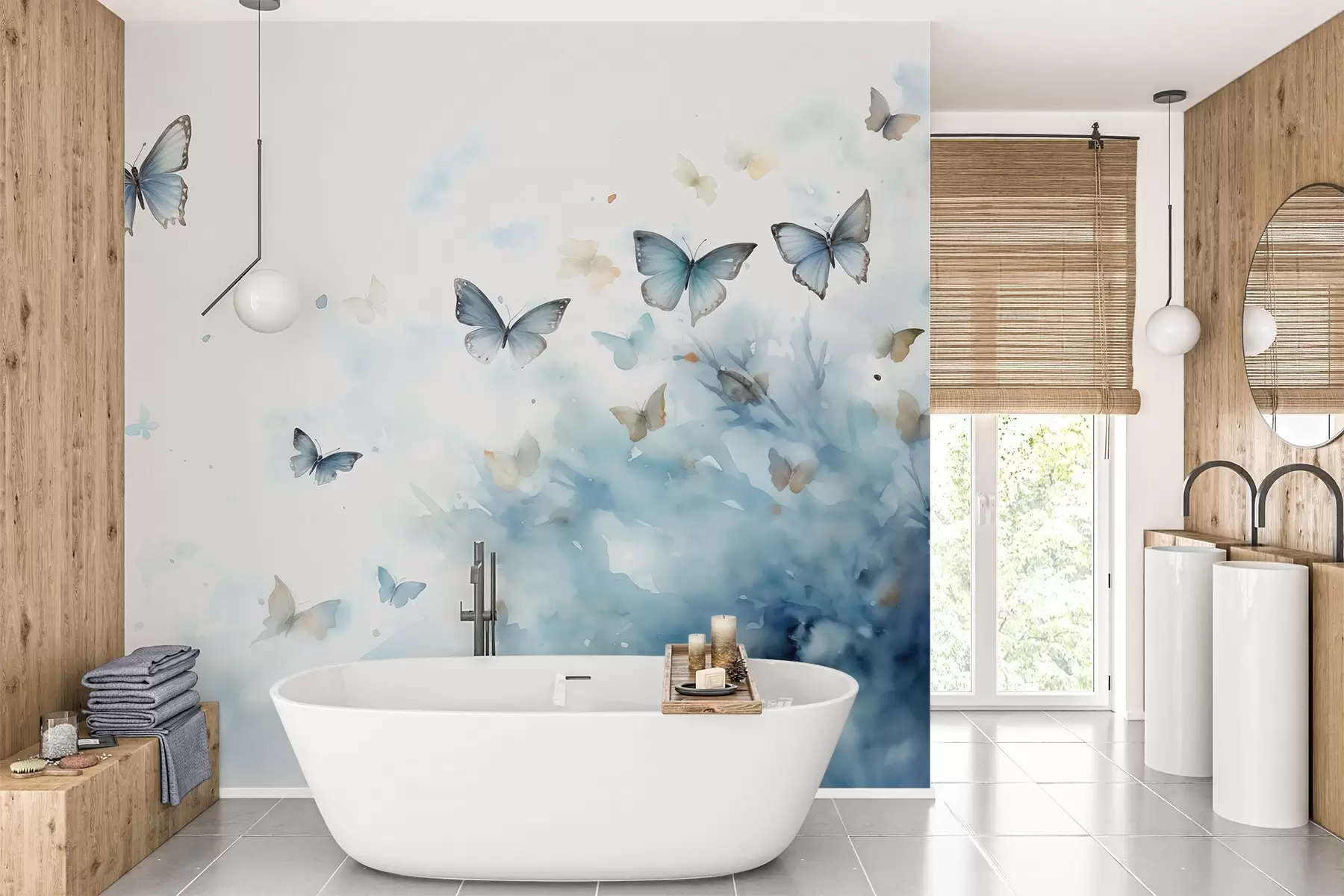 Wall Mural Photo Wallpaper Butterflies on blue spots background wet watercolor w01861