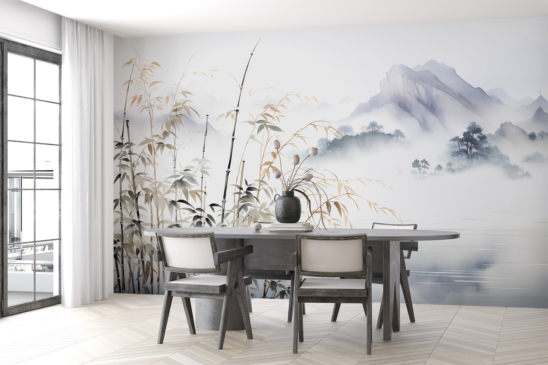 Asian style wall murals Wet watercolor bamboo stems on mountain