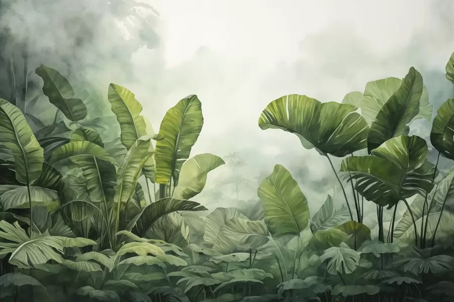 peintures murales Feuilles tropicales dans la jungle sur fond de brouillard aquarelle humide w01868