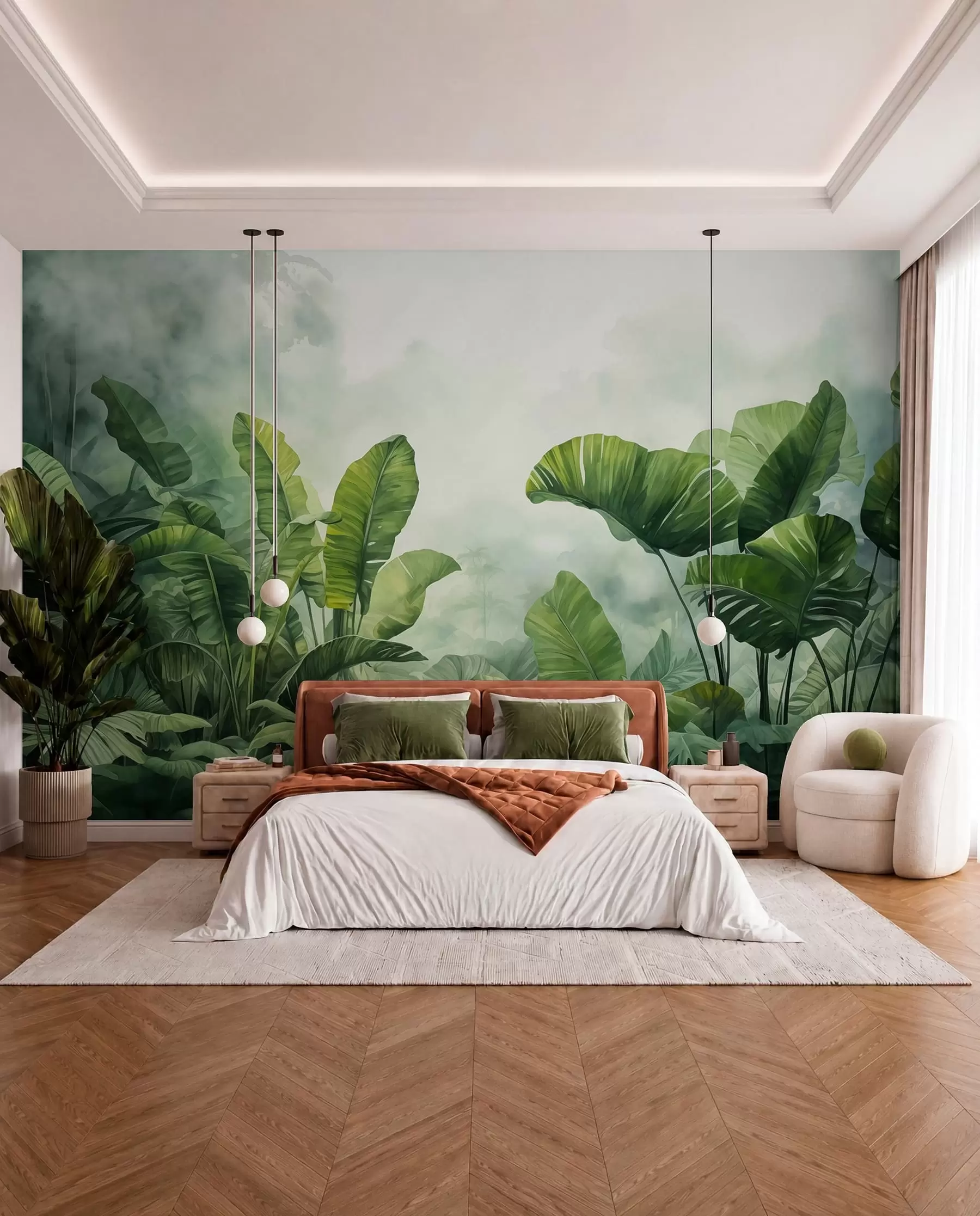 peintures murales Feuilles tropicales dans la jungle sur fond de brouillard aquarelle humide w01868