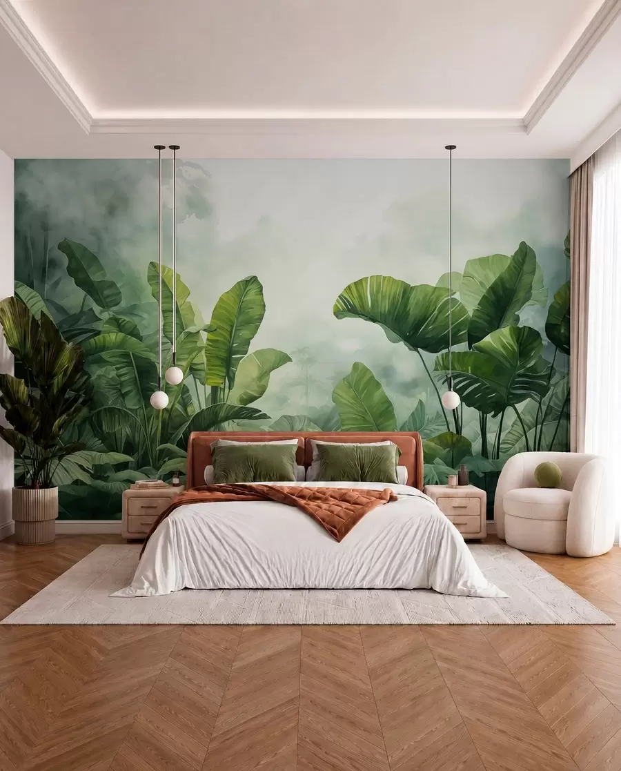wall murals Tropical leaves in the jungle on the background of fog wet watercolor w01868