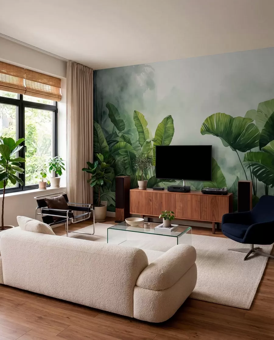 peintures murales Feuilles tropicales dans la jungle sur fond de brouillard aquarelle humide w01868