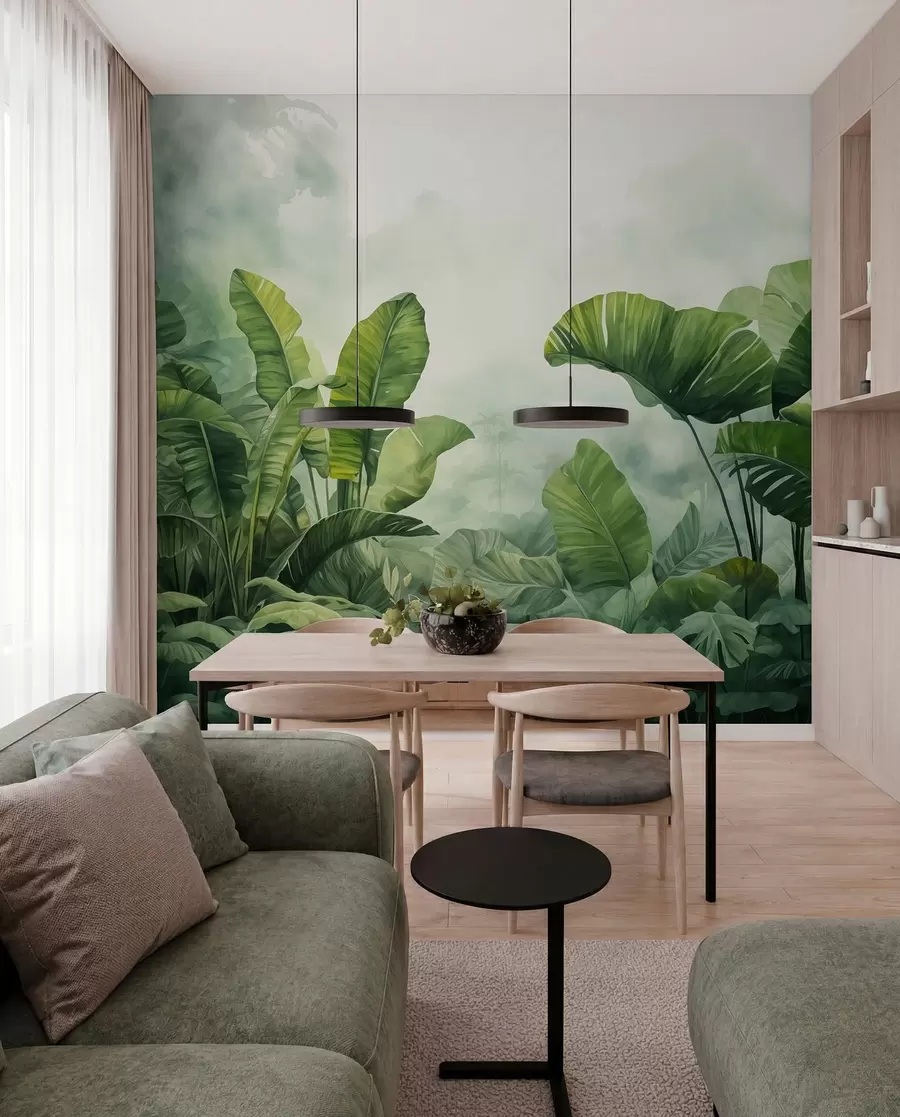 wall murals Tropical leaves in the jungle on the background of fog wet watercolor w01868