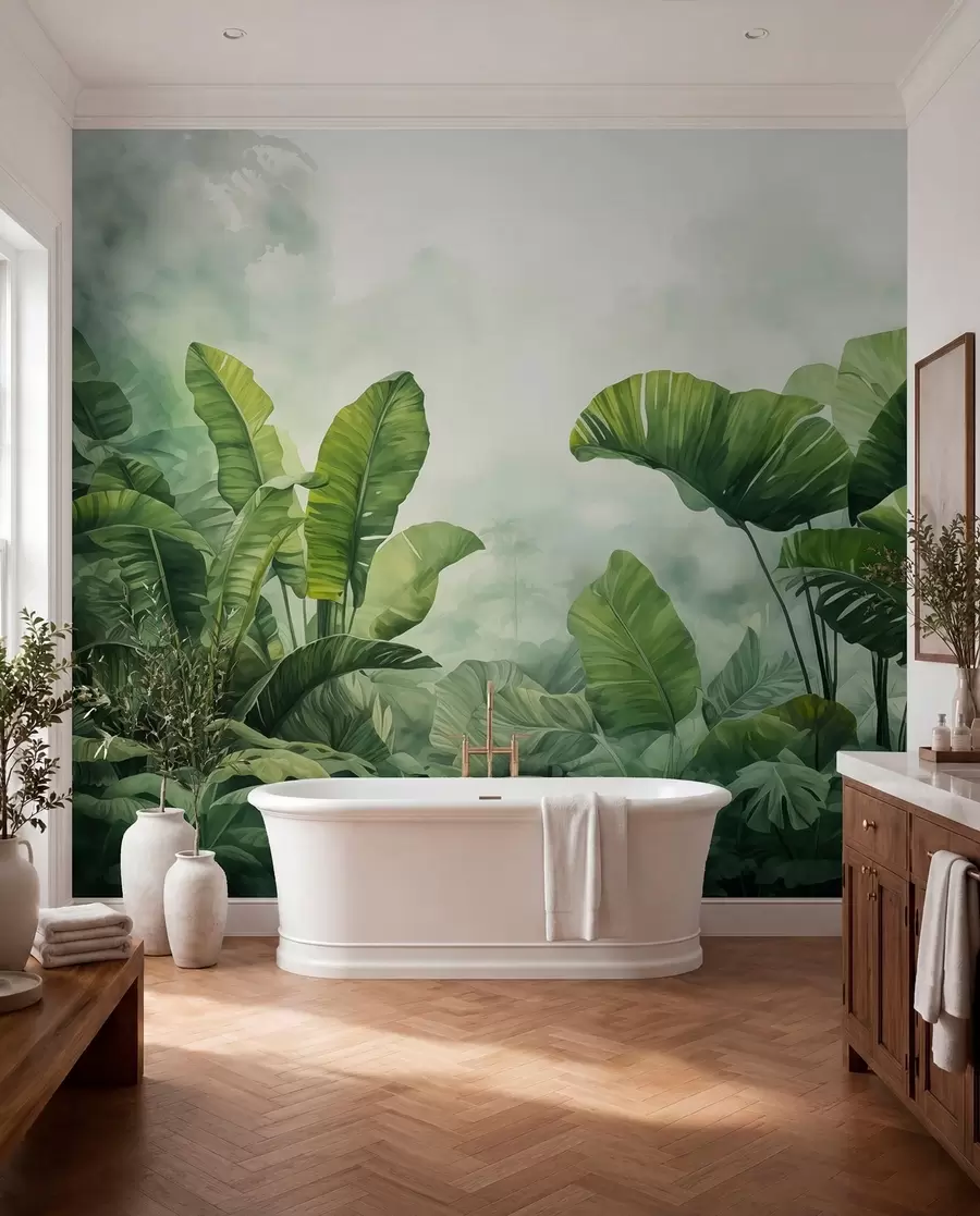 wall murals Tropical leaves in the jungle on the background of fog wet watercolor w01868