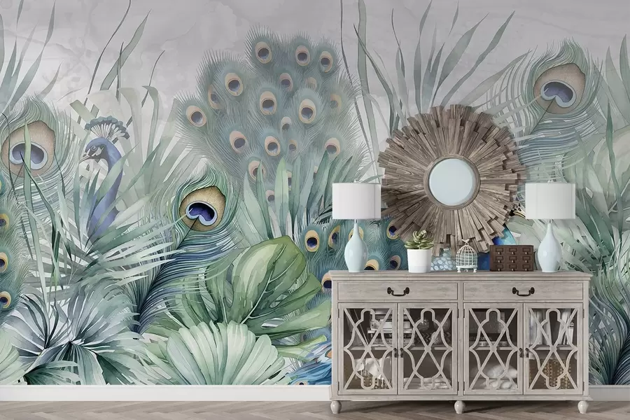 Wall Mural Photo Wallpaper A pair of colorful peacocks surrounded by lush watercolor green foliage and vibrant flowers on gray background w08345