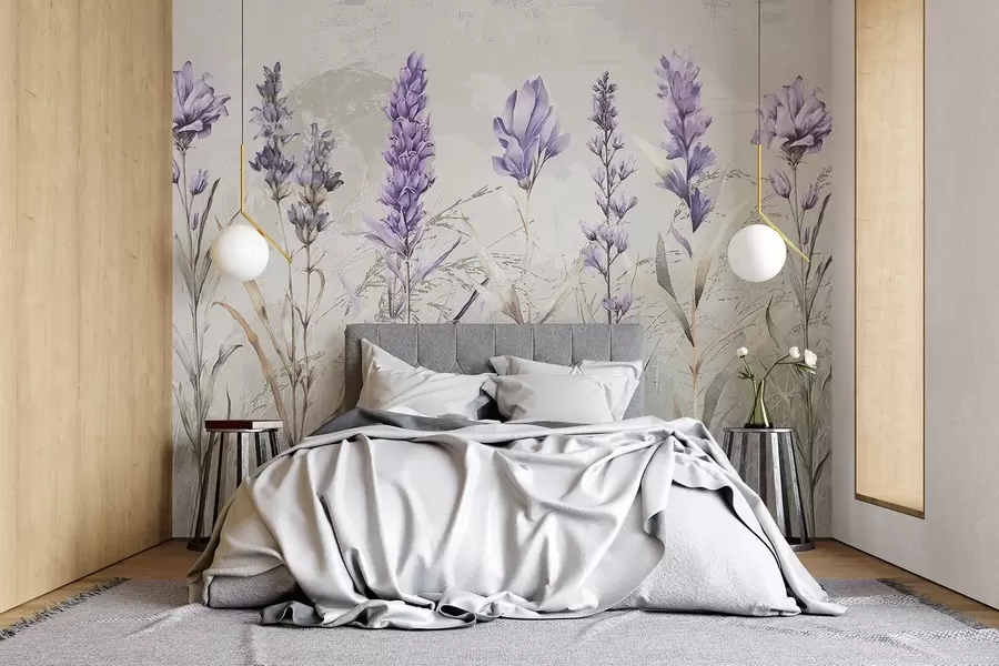 murais de parede Um campo de flores de lavanda de aguarela púrpura com um fundo bege suave e desfocado w08346