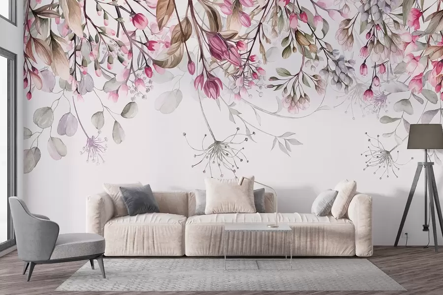 peintures murales Délicates branches florales roses et blanches avec feuilles et pétales, sur fond gris pastel w08347