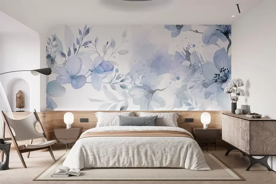 murales Un ramo de delicadas flores azules y blancas con pétalos suaves y difuminados sobre un fondo de acuarela ligero y aireado w08348v1
