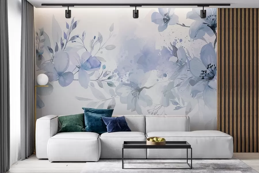wall murals A bouquet of delicate blue and white flowers with soft, blurred petals against a light, airy watercolor background w08348v1