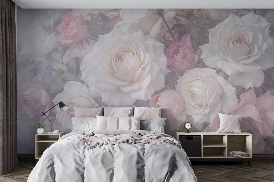 murais de parede Rosas e peónias suaves em tons pastel sobre um fundo texturado cinzento esbatido e enevoado w08352