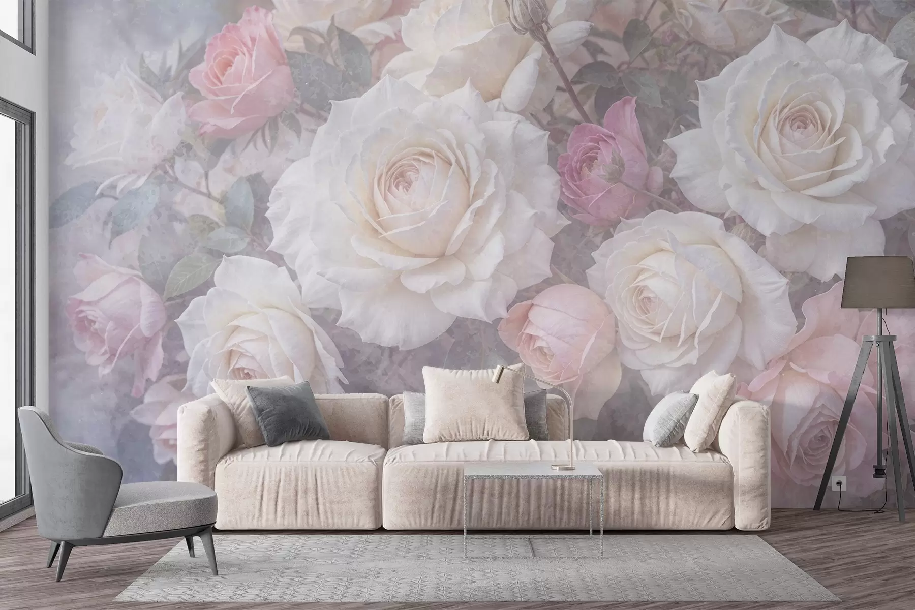 Wall Mural Photo Wallpaper Soft, pastel-colored roses and peonies against a blurred, misty gray textured background w08352