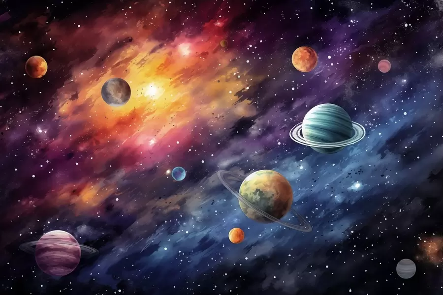 Wall Mural Photo Wallpaper Space with planets and stars, watercolor, cosmic w01798