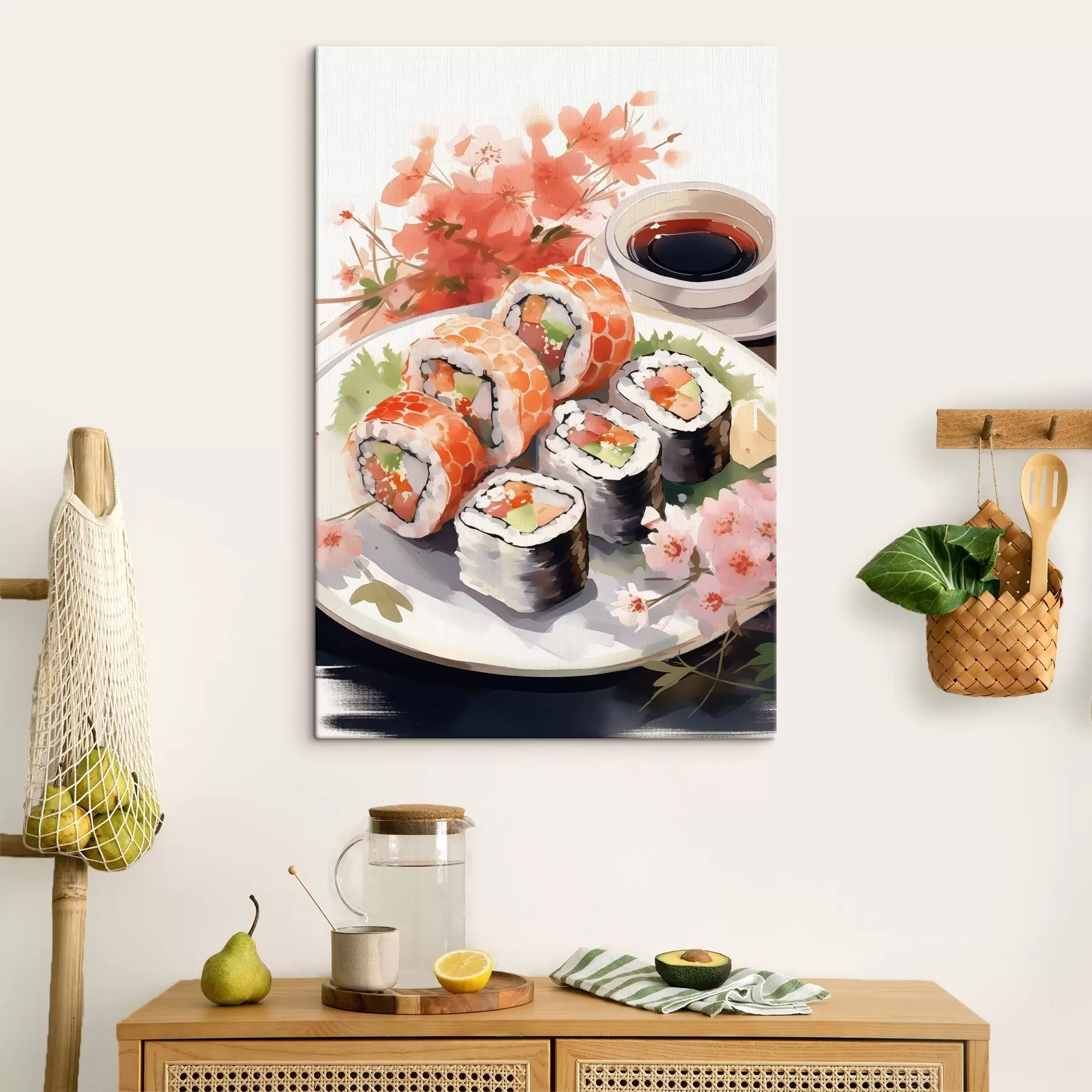 murales Sushi en el plato, acuarela, floral, japonés s41179