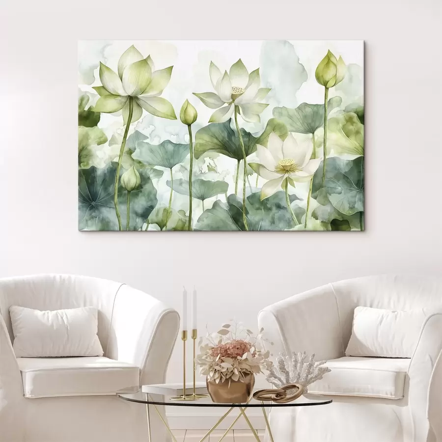 wall murals Watercolor lotuses, lush greenery s41226