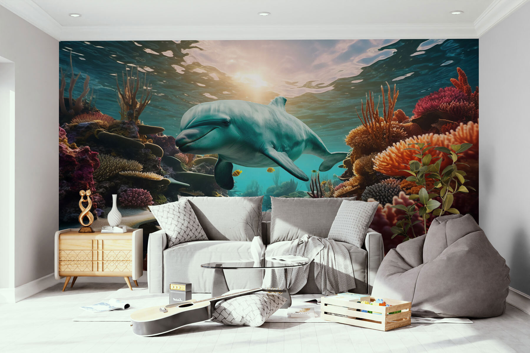 Wall Murals Sea Large dolphin in the underwater world in coral