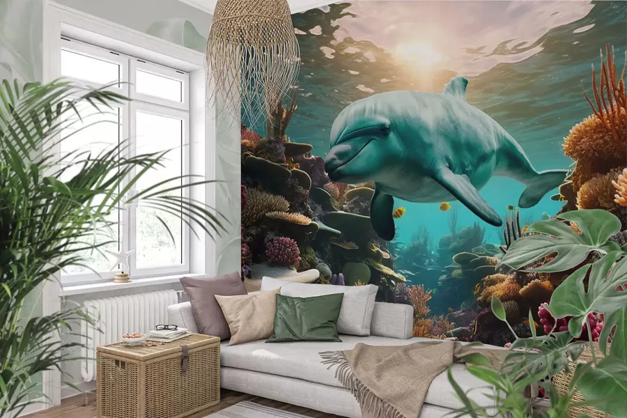 murales Gran delfín en el mundo submarino de los arrecifes de coral w01873