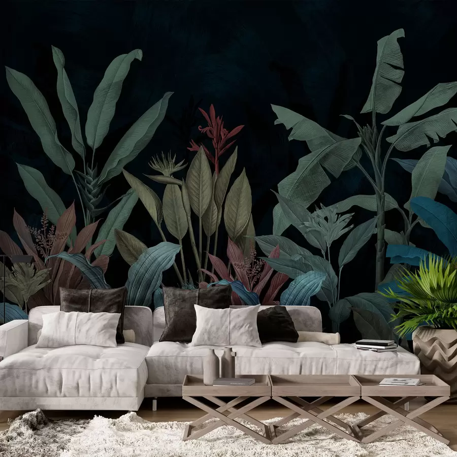murales Hojas y flores tropicales sobre fondo oscuro w01834