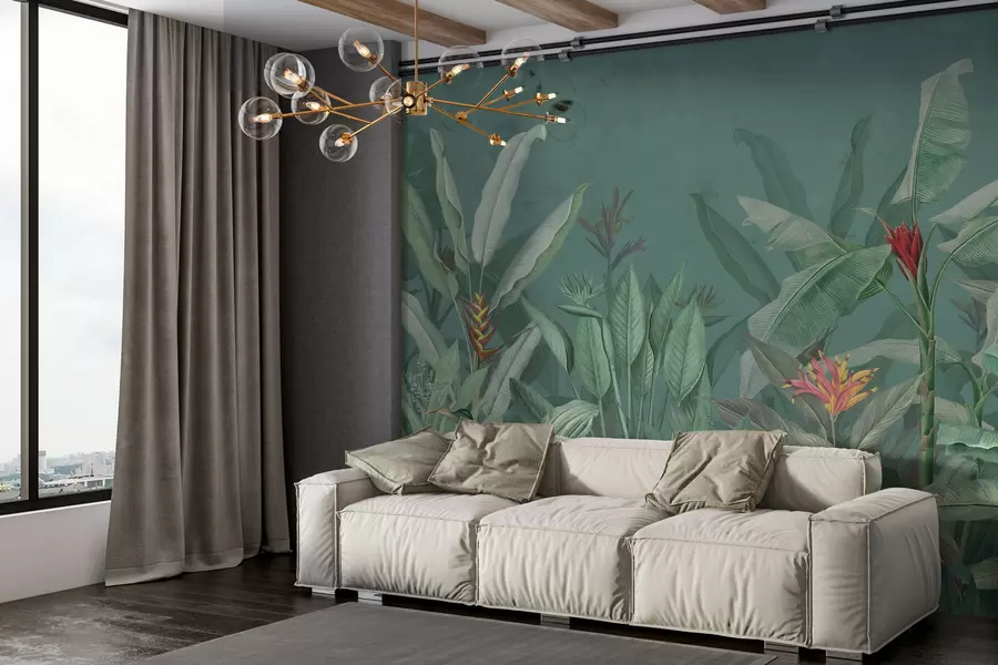 Wall Mural Photo Wallpaper Tropical leaves and flowers on a green background w01834v2