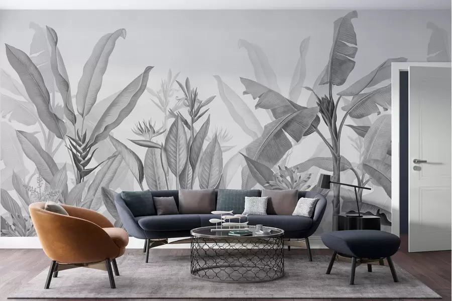 Wall Mural Photo Wallpaper Black and white tropical leaves and flowers on a light background w01834v3