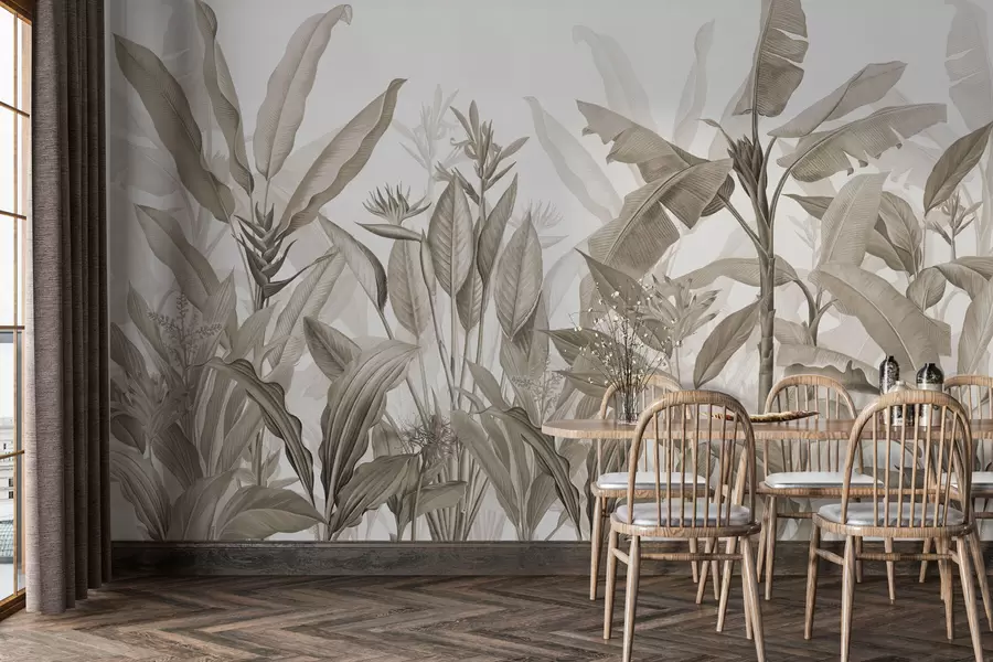 Wall Mural Photo Wallpaper Tropical leaves and flowers on a light background in sepia style w01834v4