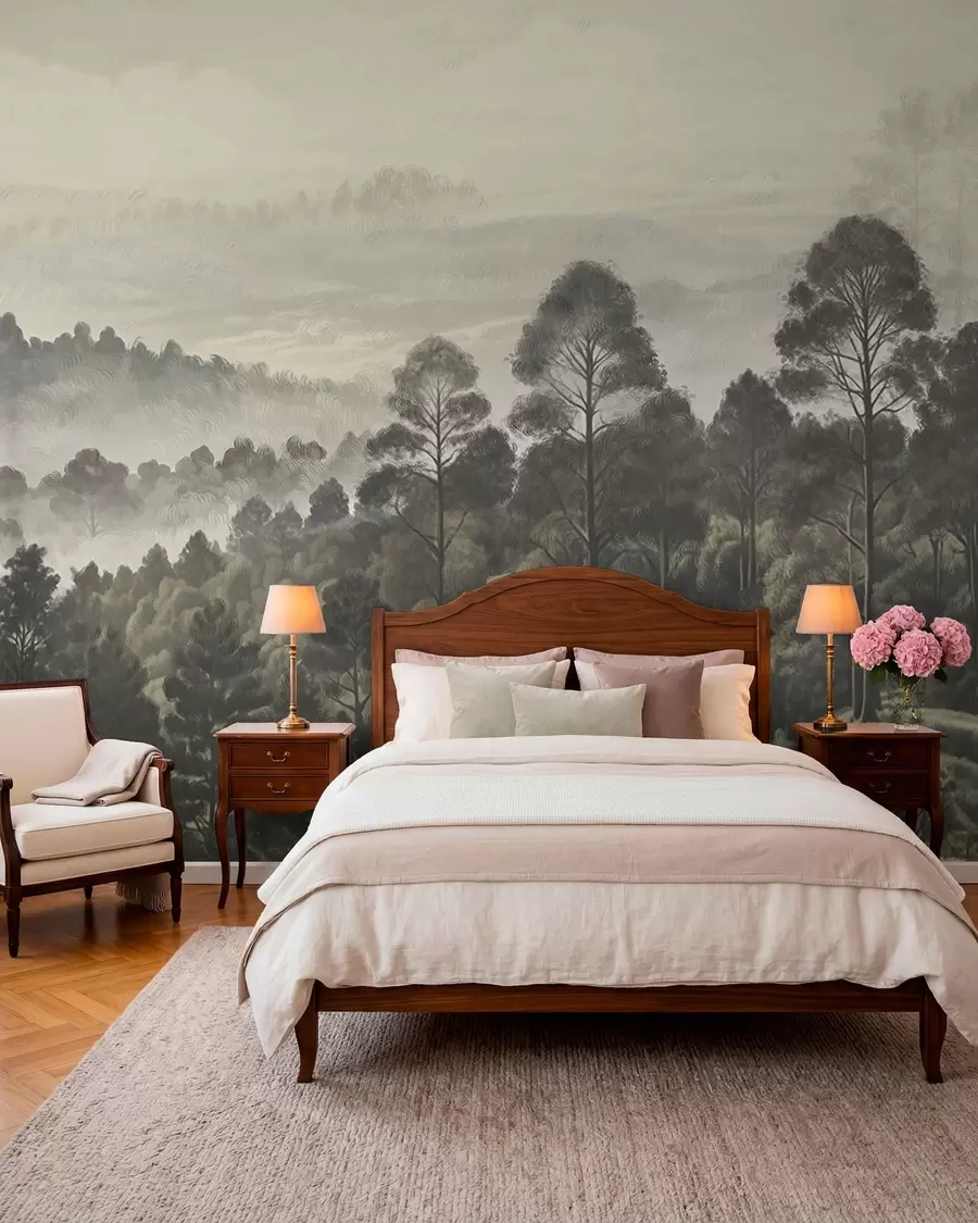 wall murals Dense forest and foggy valley w01871
