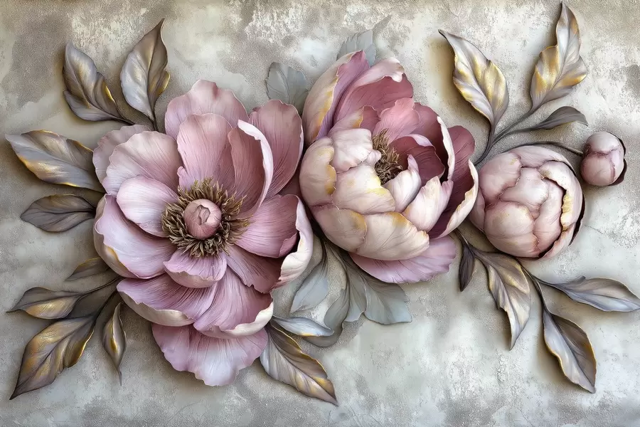 wall murals Floral purple peonies with leaves and petals in muted pastel colors, vintage style w01825