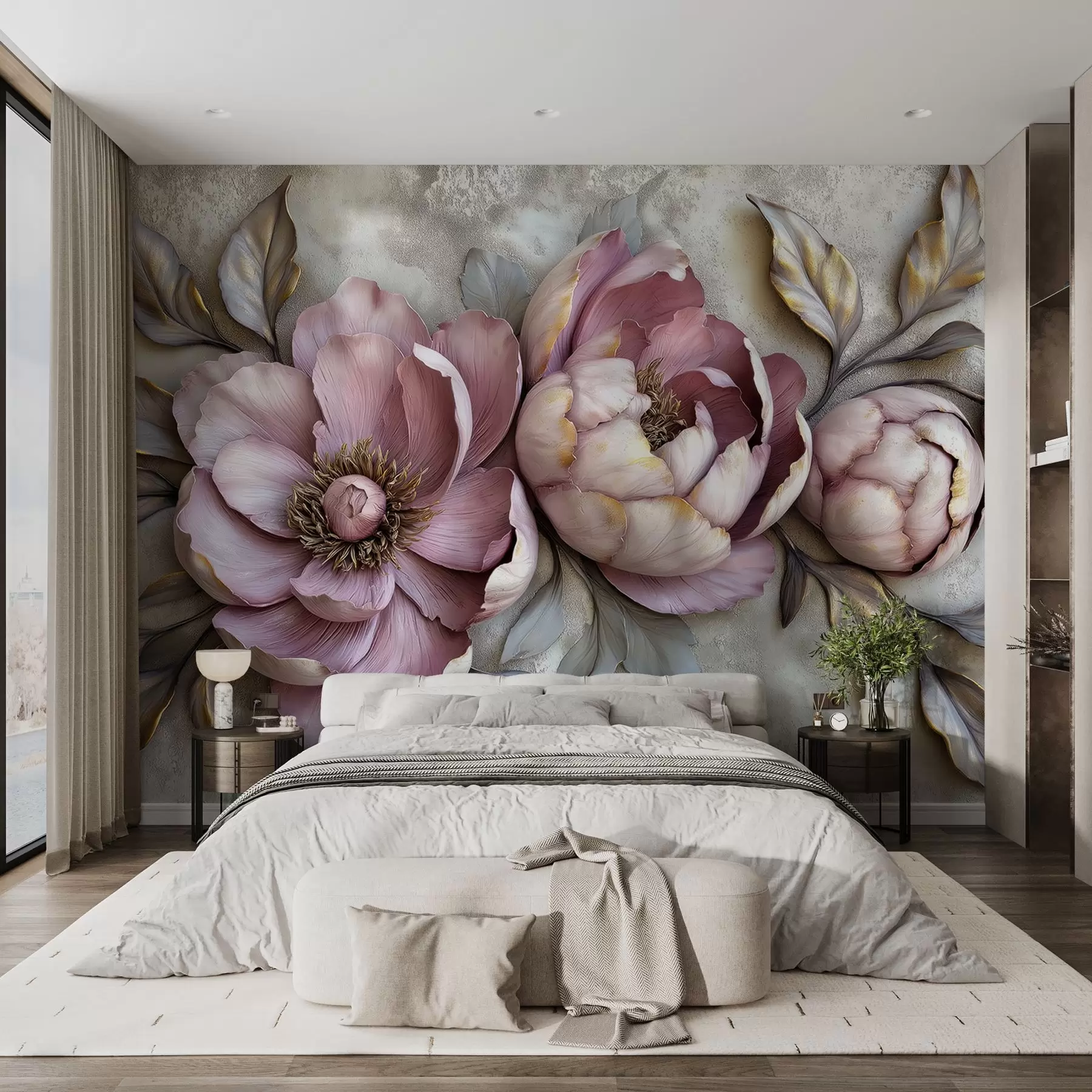 murales Peonías florales moradas con hojas y pétalos en colores pastel apagados, estilo vintage w01825