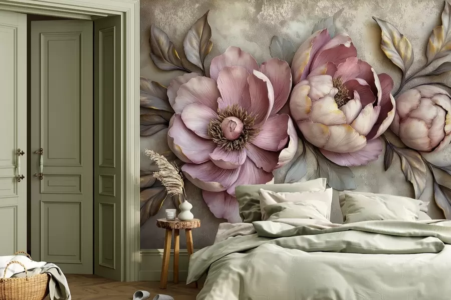 murales Peonías florales moradas con hojas y pétalos en colores pastel apagados, estilo vintage w01825