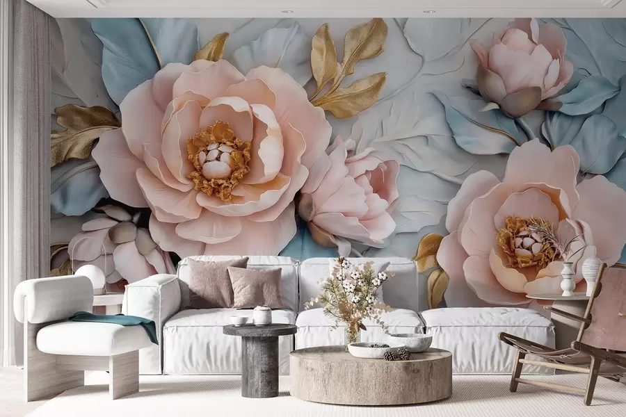 murales Lujosos pétalos y peonías rosas en tonos azul y rosa pastel w01826