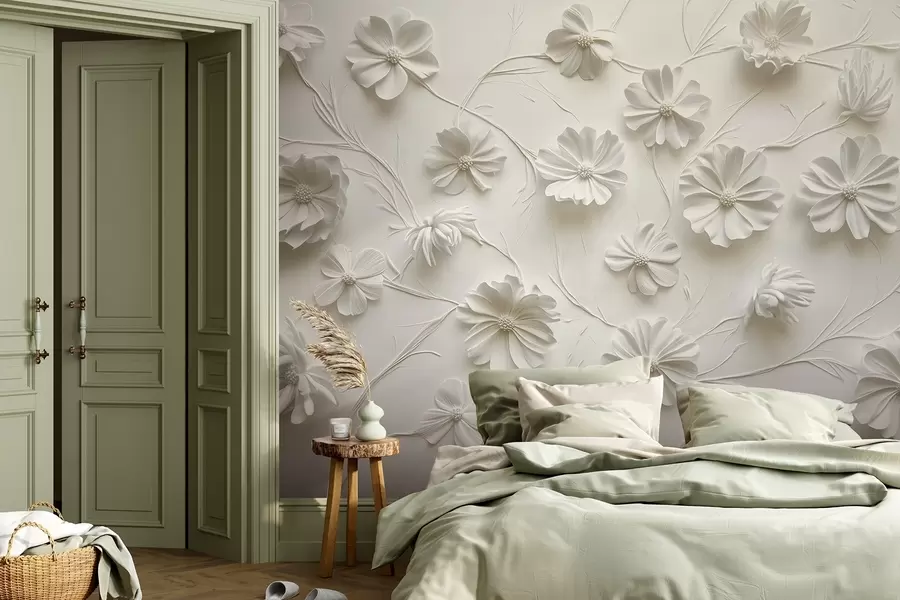 Wall Mural Photo Wallpaper White relief composition of flowers in a minimalist and sophisticated style w01828