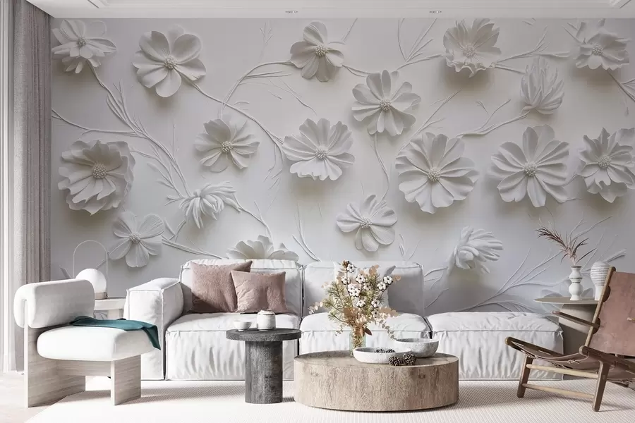 murales Composición de flores blancas en relieve de estilo minimalista y sofisticado w01828