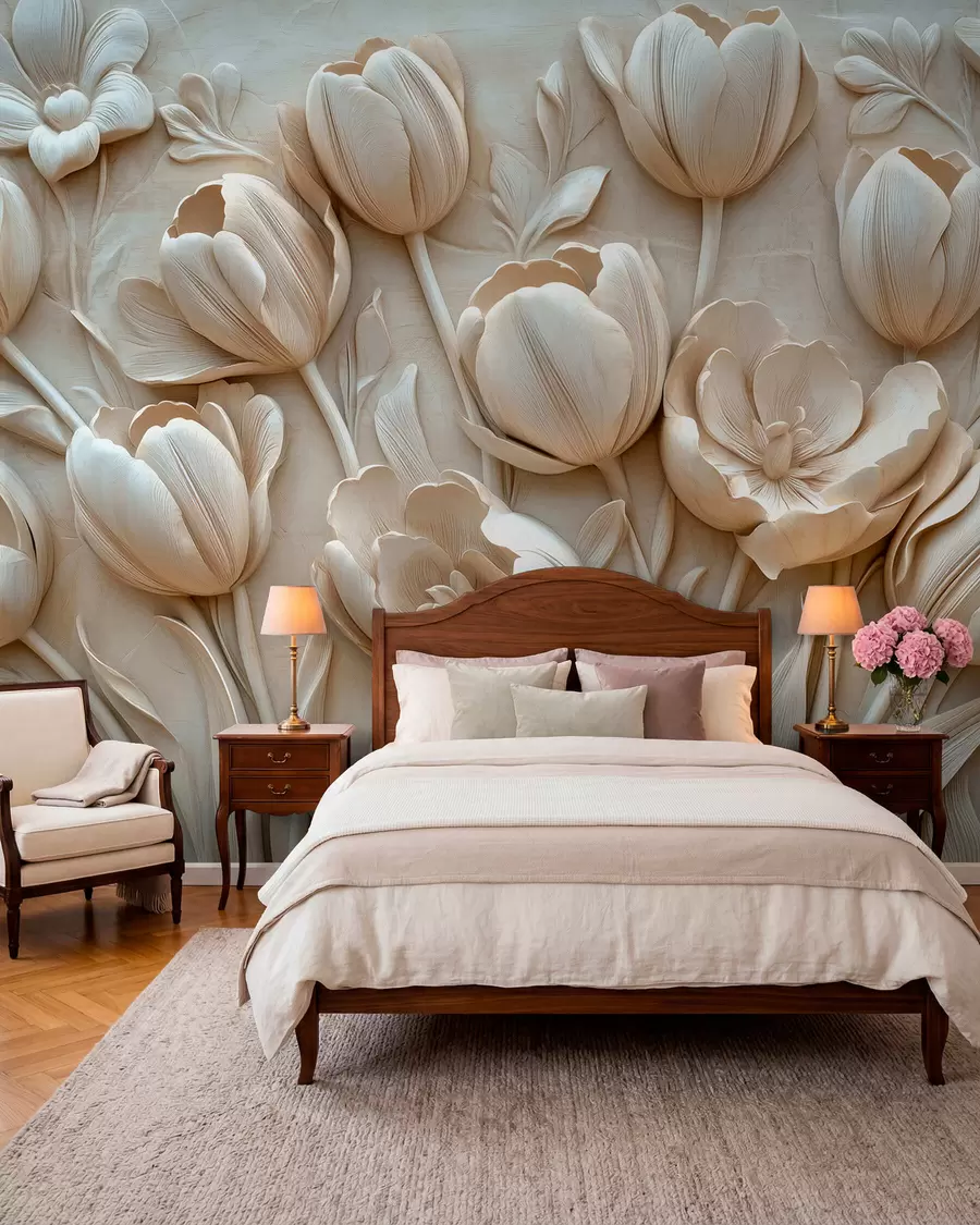 wall murals 3D floral art with graceful tulips in beige color w01851