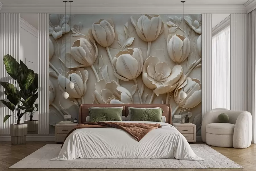 murales arte floral en 3D con elegantes tulipanes de color beige w01851