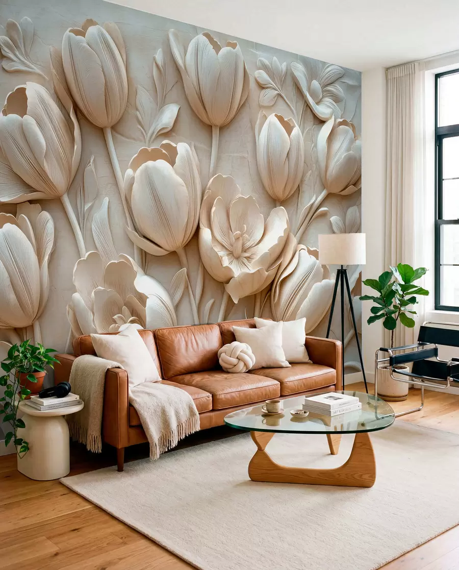 Wall Mural Photo Wallpaper 3D floral art with graceful tulips in beige color w01851