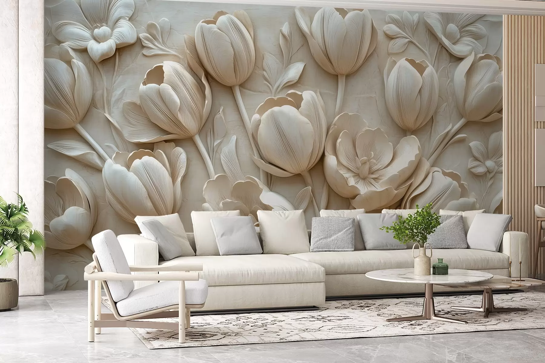 Wall Mural Photo Wallpaper 3D floral art with graceful tulips in beige color w01851