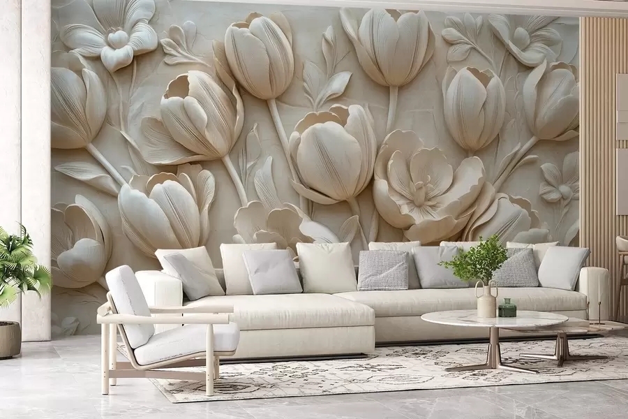murales arte floral en 3D con elegantes tulipanes de color beige w01851