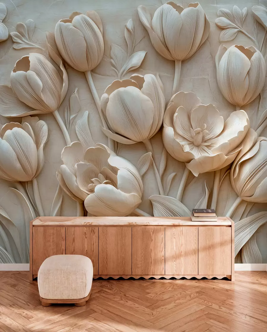 peintures murales art floral en 3D avec de gracieuses tulipes de couleur beige w01851