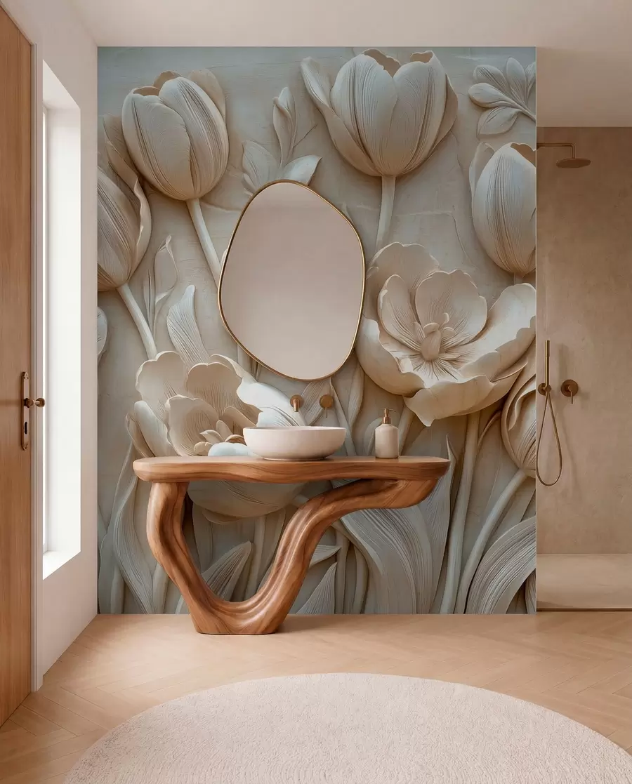 wall murals 3D floral art with graceful tulips in beige color w01851