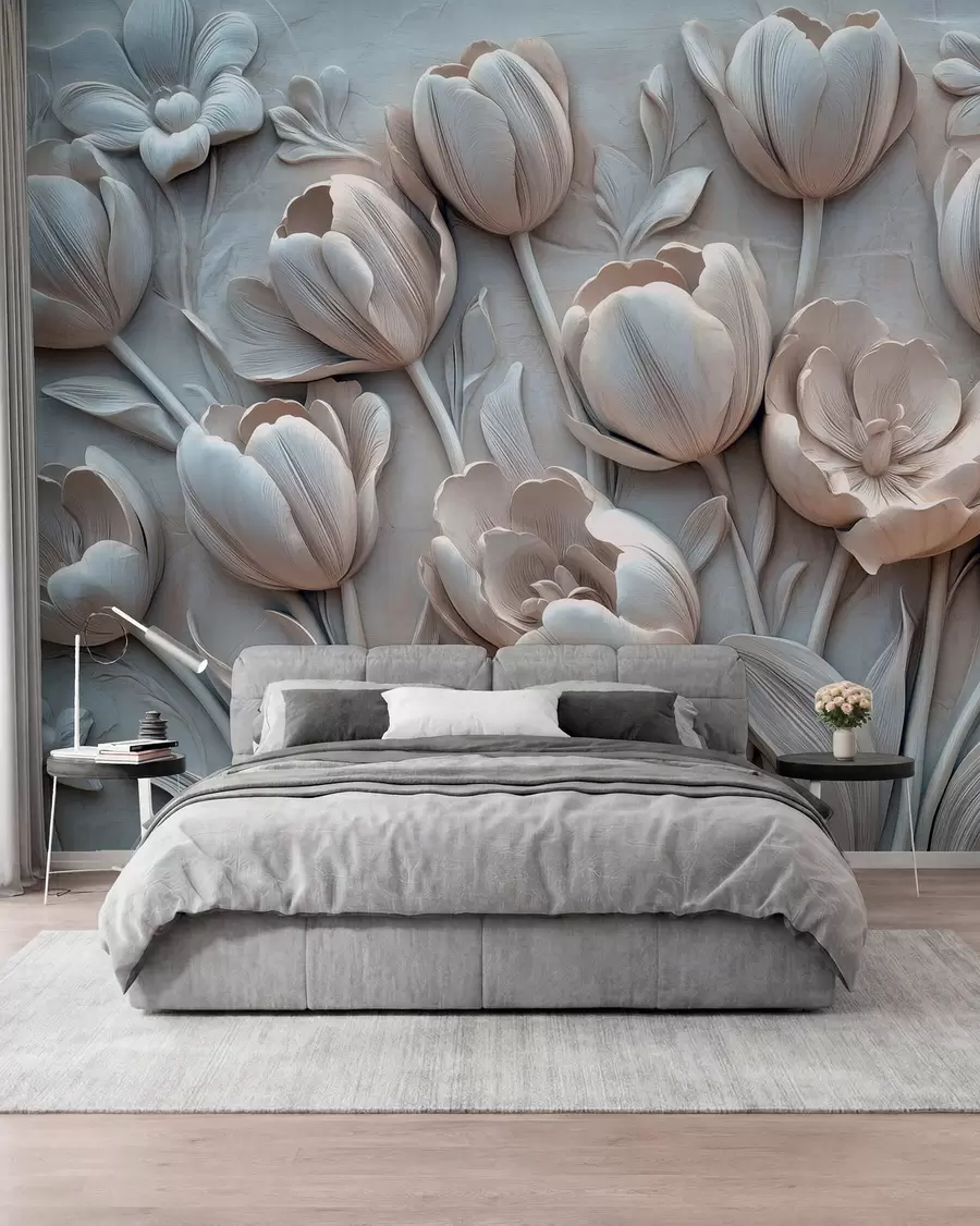 murales arte floral en 3D con elegantes tulipanes en color gris w01851v1