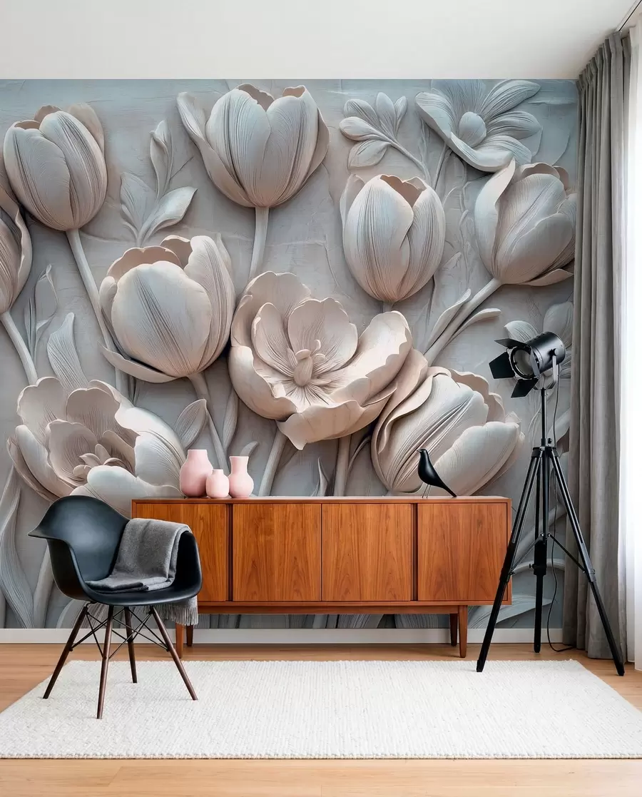 wall murals 3D floral art with graceful tulips in gray color w01851v1