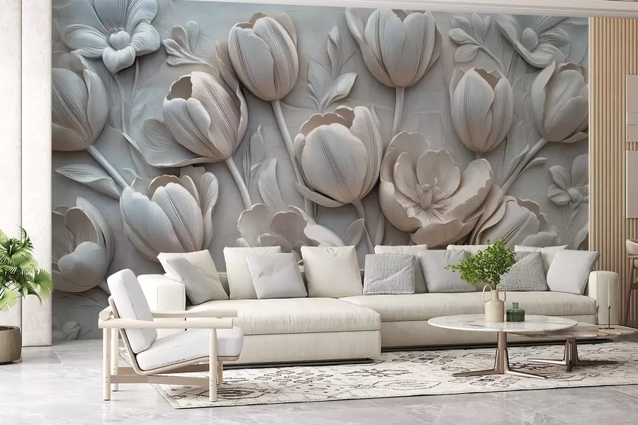 murales arte floral en 3D con elegantes tulipanes en color gris w01851v1
