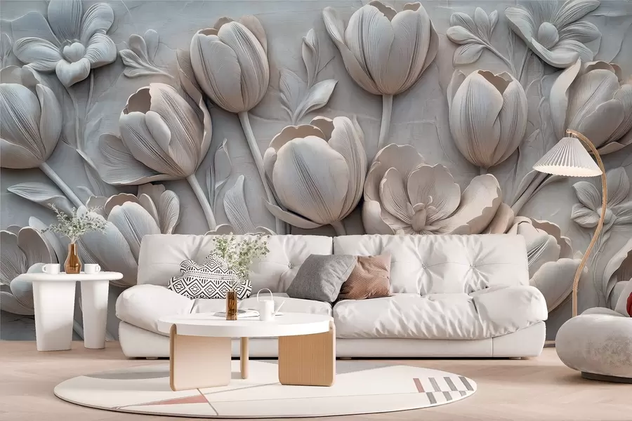 murales arte floral en 3D con elegantes tulipanes en color gris w01851v1