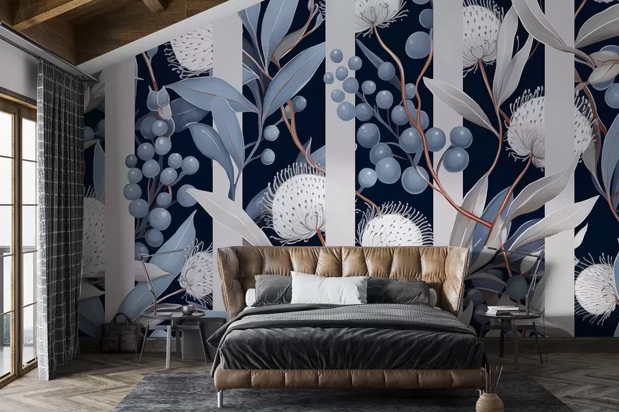Wall Mural Photo Wallpaper Flowers ornament with wild berries, vintage, blue and grey colors w01886