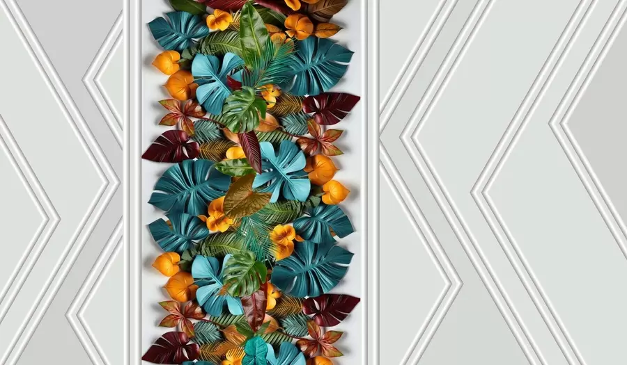 wall murals 3D wallpaper with colorful tropical leaves and geometry on a gray background w01876