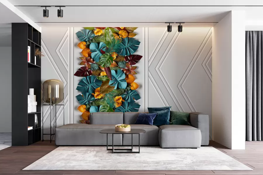 Wall Mural Photo Wallpaper 3D wallpaper with colorful tropical leaves and geometry on a gray background w01876