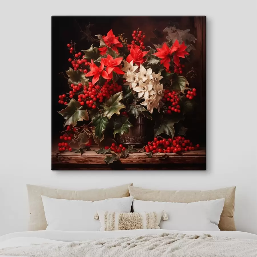 wall murals Bouquet with holly and christmas flower on dark background s41272