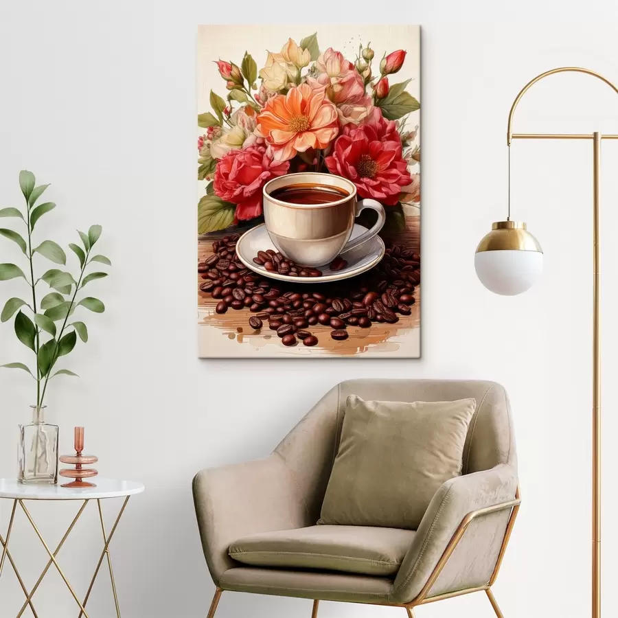 wall murals a cup of coffee and a bouquet of flowers s41411